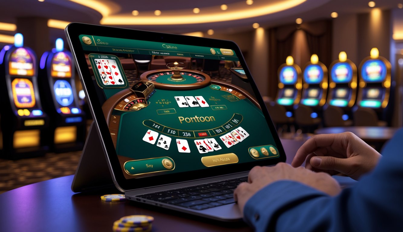 Seorang pemain sedang menggunakan perangkat digital untuk bermain permainan Pontoon di kasino online dengan suasana kasino yang elegan dan pencahayaan hangat.