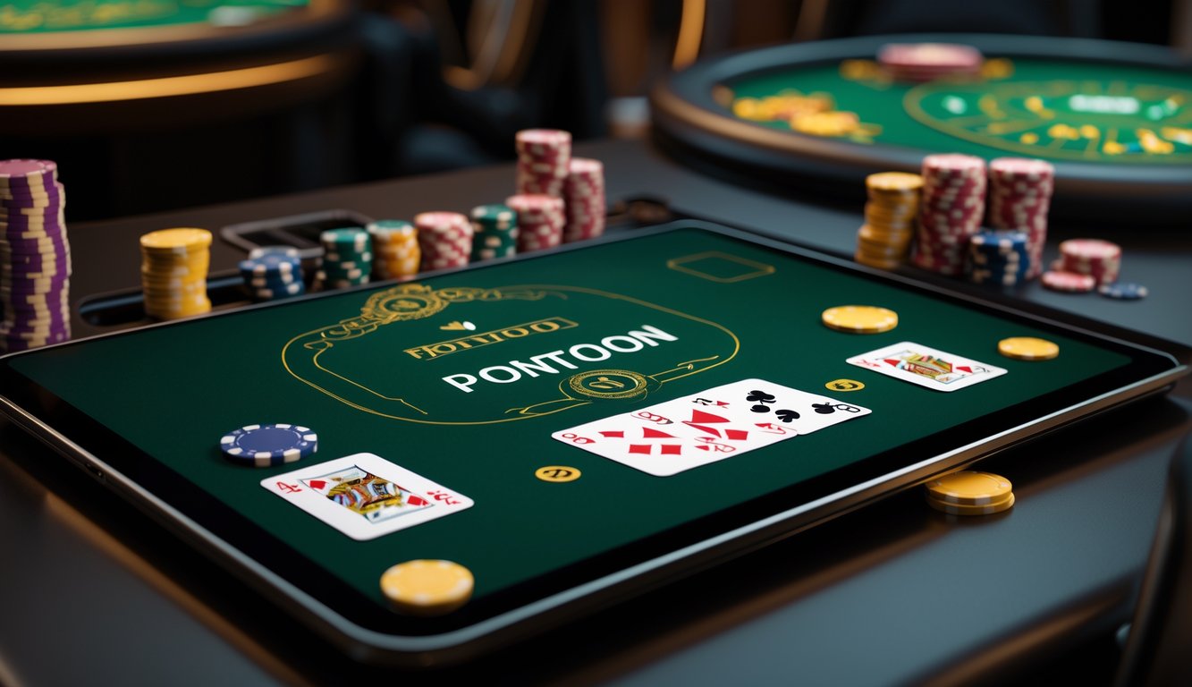 Layar komputer menampilkan permainan kartu Pontoon online dengan chip taruhan di meja digital.