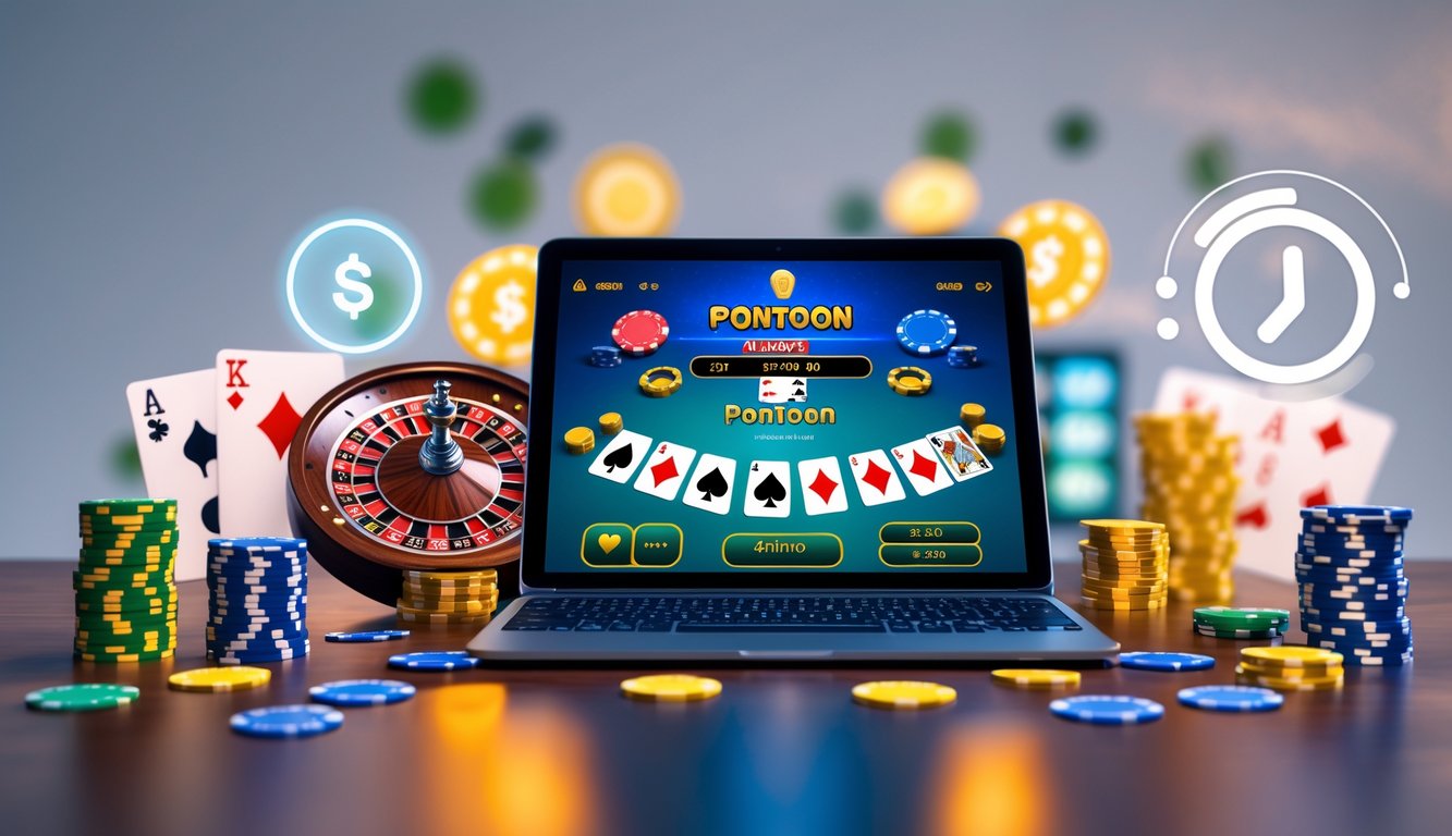 Sebuah perangkat digital menampilkan permainan kartu Pontoon dengan simbol transaksi cepat dan jam yang menunjukkan layanan 24 jam.
