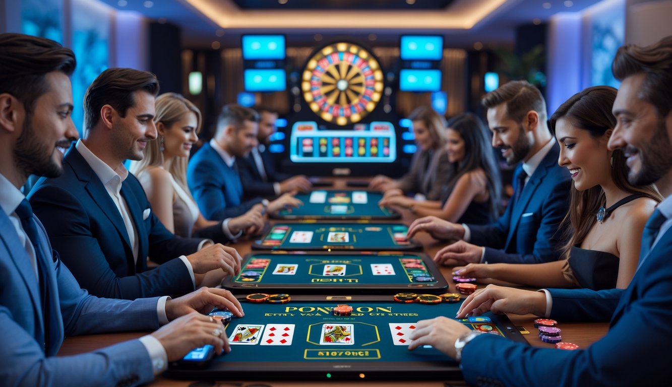 Beberapa orang bermain permainan kartu Pontoon secara online menggunakan tablet dan laptop di sebuah lounge kasino modern.