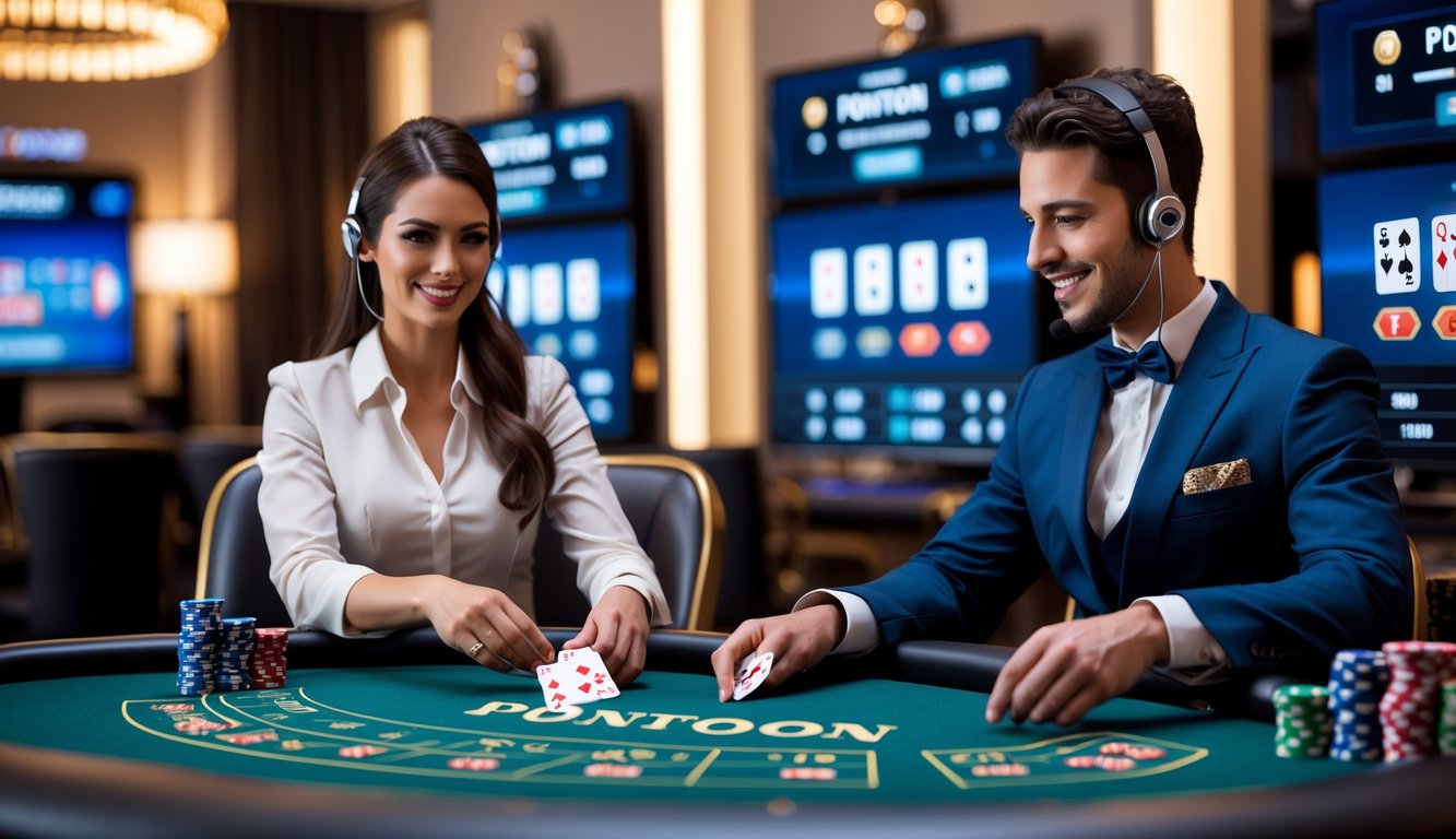 Seorang dealer profesional sedang membagikan kartu di meja kasino dengan suasana kasino modern dan layar digital yang menampilkan permainan Pontoon.