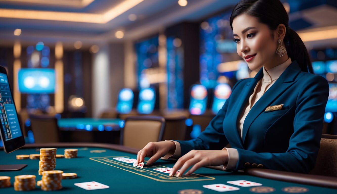 Seorang dealer profesional sedang membagikan kartu di meja kasino online dengan perangkat digital di dekatnya.