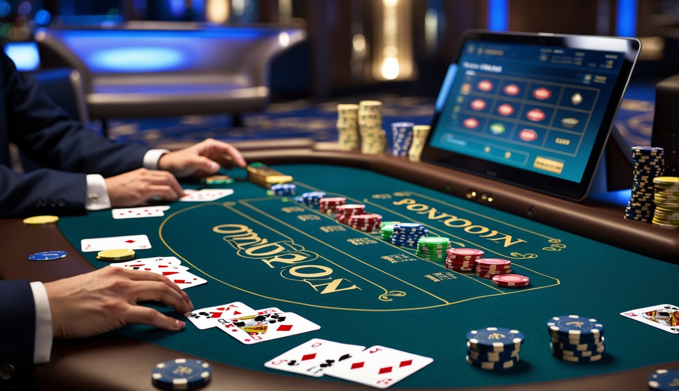 Suasana meja kasino modern dengan kartu dan chip judi, tangan pemain sedang bermain Pontoon, latar belakang interior kasino yang mewah.