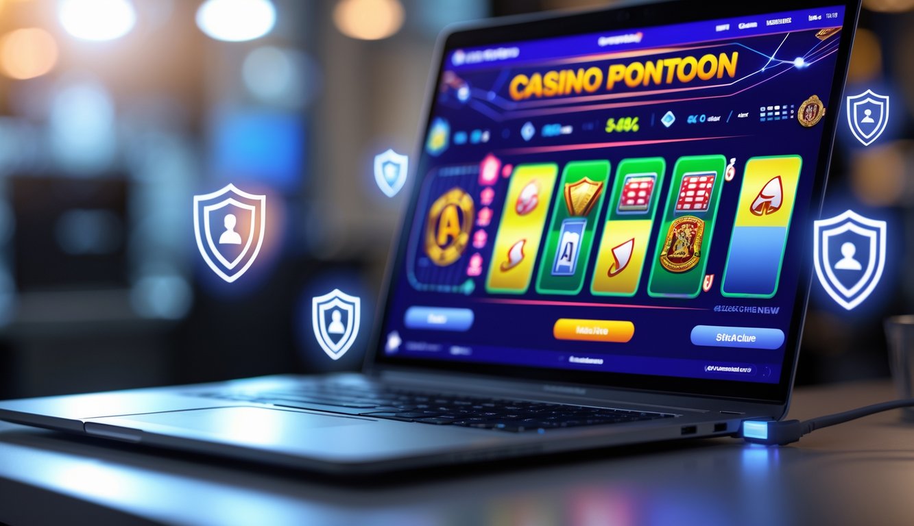 Seorang pengguna komputer sedang bermain permainan kartu pontoon di kasino online dengan tampilan layar yang jelas dan simbol keamanan di sekitar.