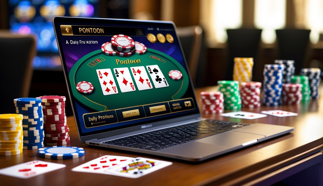 Sebuah meja dengan laptop yang menampilkan permainan Pontoon online, dikelilingi oleh chip poker dan kartu remi.