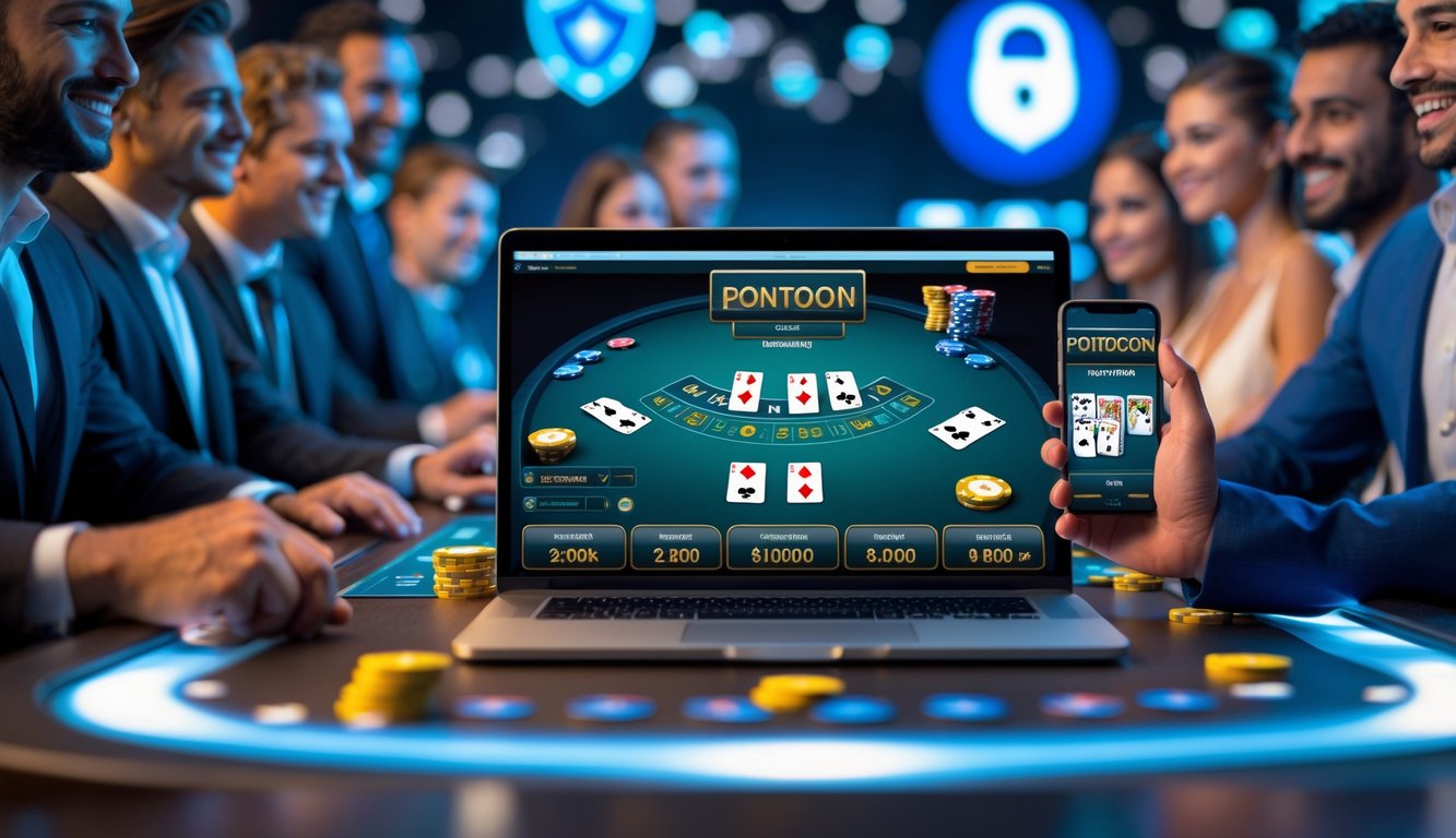 Sekelompok orang bermain permainan kartu Pontoon di laptop dan ponsel dengan suasana kasino online yang aman dan terpercaya.