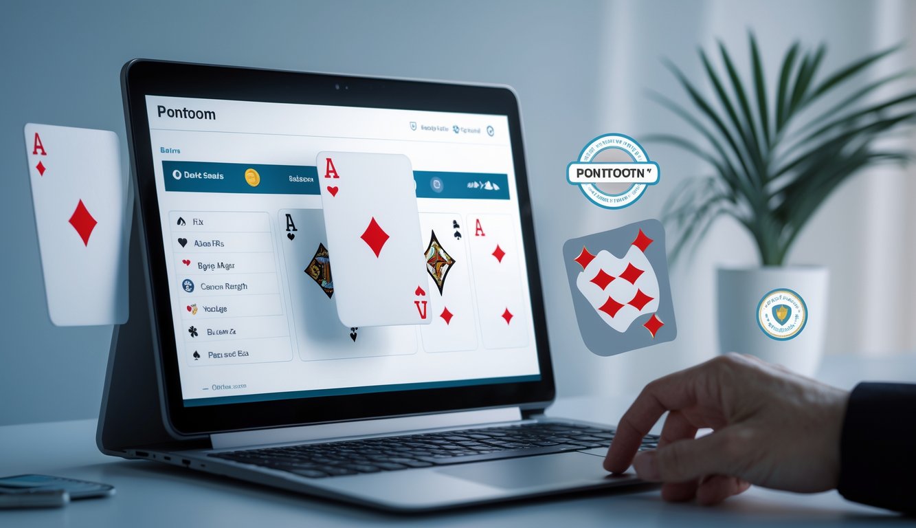 Seseorang menggunakan laptop dengan tampilan permainan kartu Pontoon online yang resmi dan terpercaya.