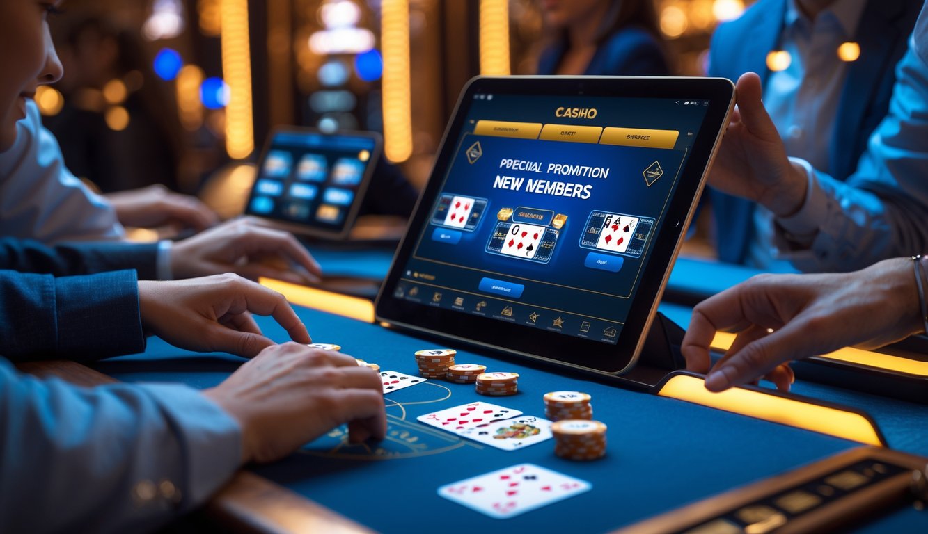 Meja permainan kartu Pontoon online dengan tangan pemain yang sedang berinteraksi di layar perangkat digital.