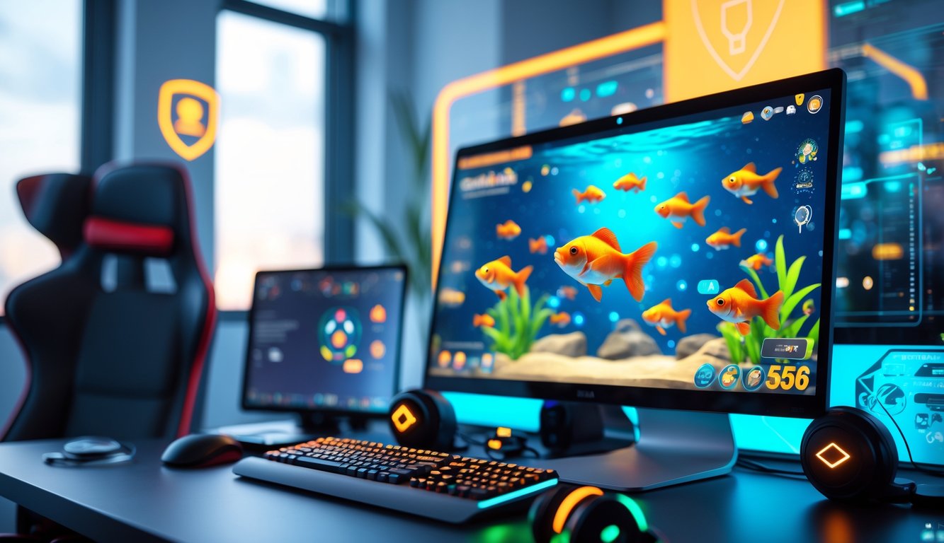 Sebuah meja kerja dengan komputer menampilkan permainan menembak ikan goldfish yang berwarna-warni, dikelilingi oleh simbol keamanan digital di ruangan kantor yang terang dan modern.