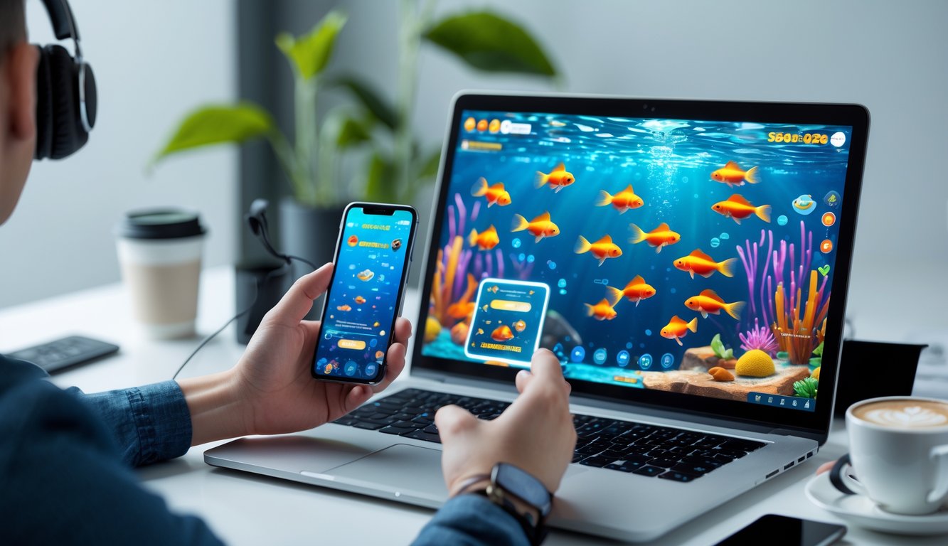 Seseorang menggunakan laptop dan ponsel di meja kerja dengan layar yang menampilkan permainan ikan emas di bawah air.