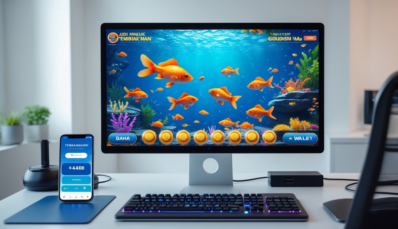 Sebuah meja komputer dengan layar menampilkan permainan tembak ikan berwarna-warni, ponsel dengan aplikasi dompet digital terbuka, di ruang kerja yang rapi dan terang.