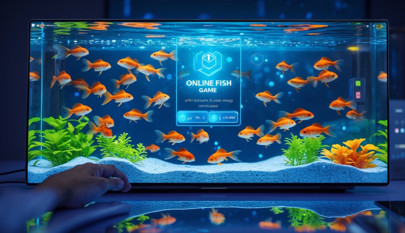 Layar perangkat digital menampilkan permainan tembak ikan dengan ikan mas berwarna cerah di latar belakang akuarium biru.