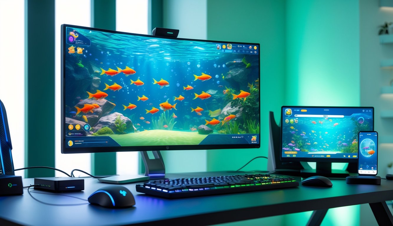 Sebuah setup permainan modern dengan komputer menampilkan permainan menembak ikan goldfish di layar.