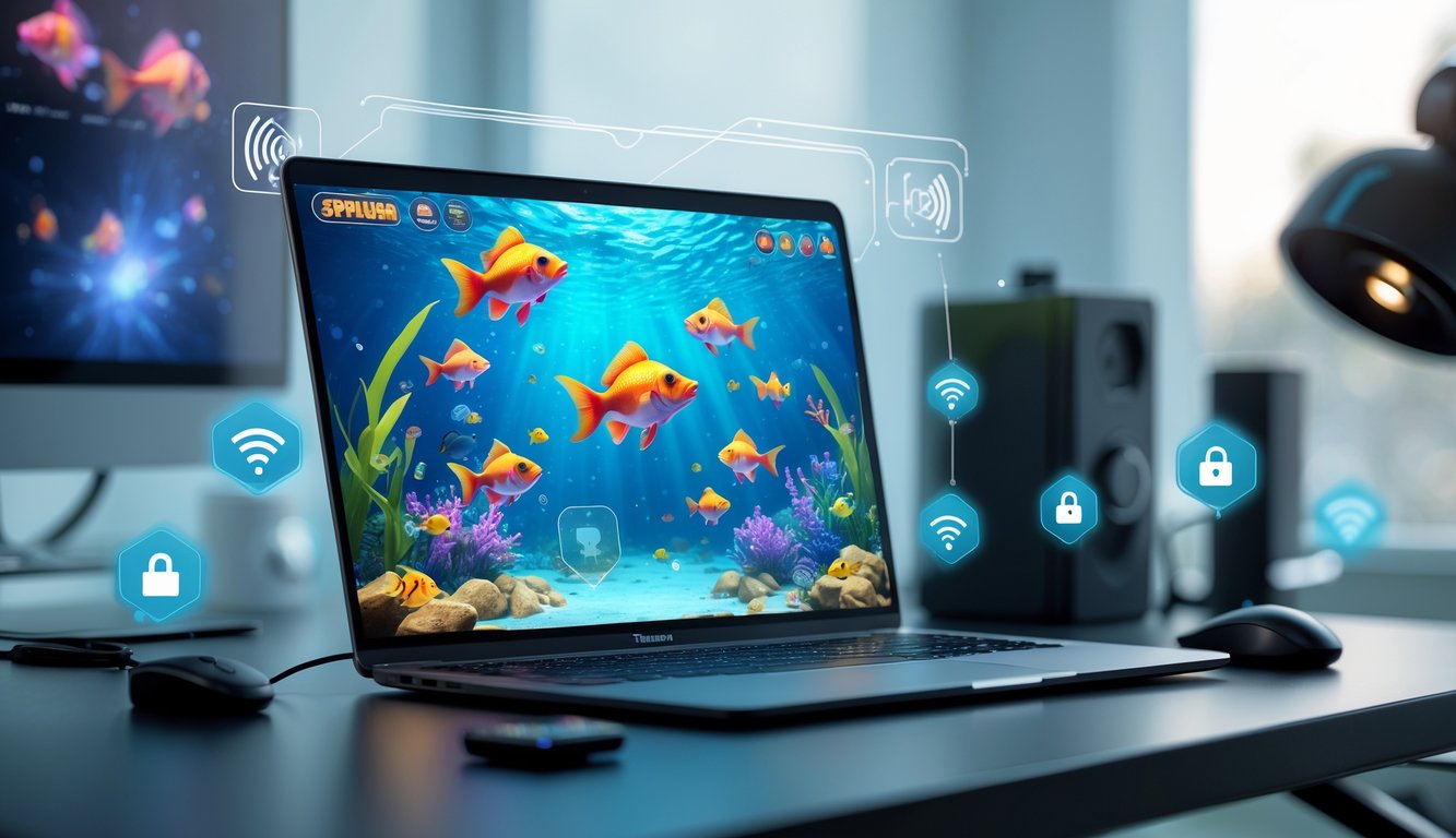 Sebuah layar komputer menampilkan permainan tembak ikan dengan gambar ikan mas berwarna cerah, dikelilingi simbol koneksi internet dan akses aman, di atas meja kerja yang rapi.