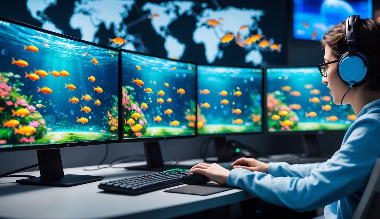 Seseorang bermain game tembak ikan goldfish di depan komputer dengan layar menampilkan ikan berwarna-warni dan latar belakang bertema laut.