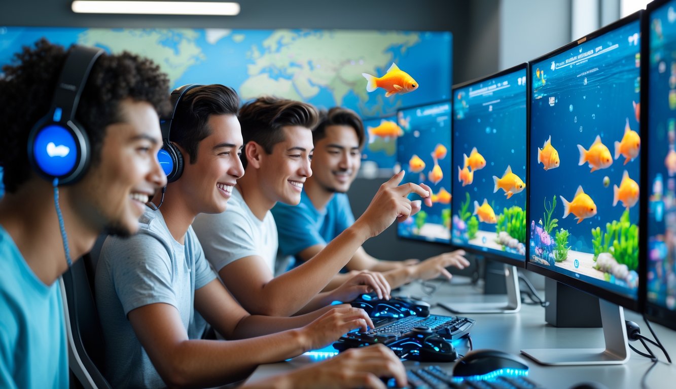 Beberapa orang muda sedang bermain game tembak ikan goldfish secara online di komputer dengan layar menampilkan ikan berwarna-warni di bawah air.