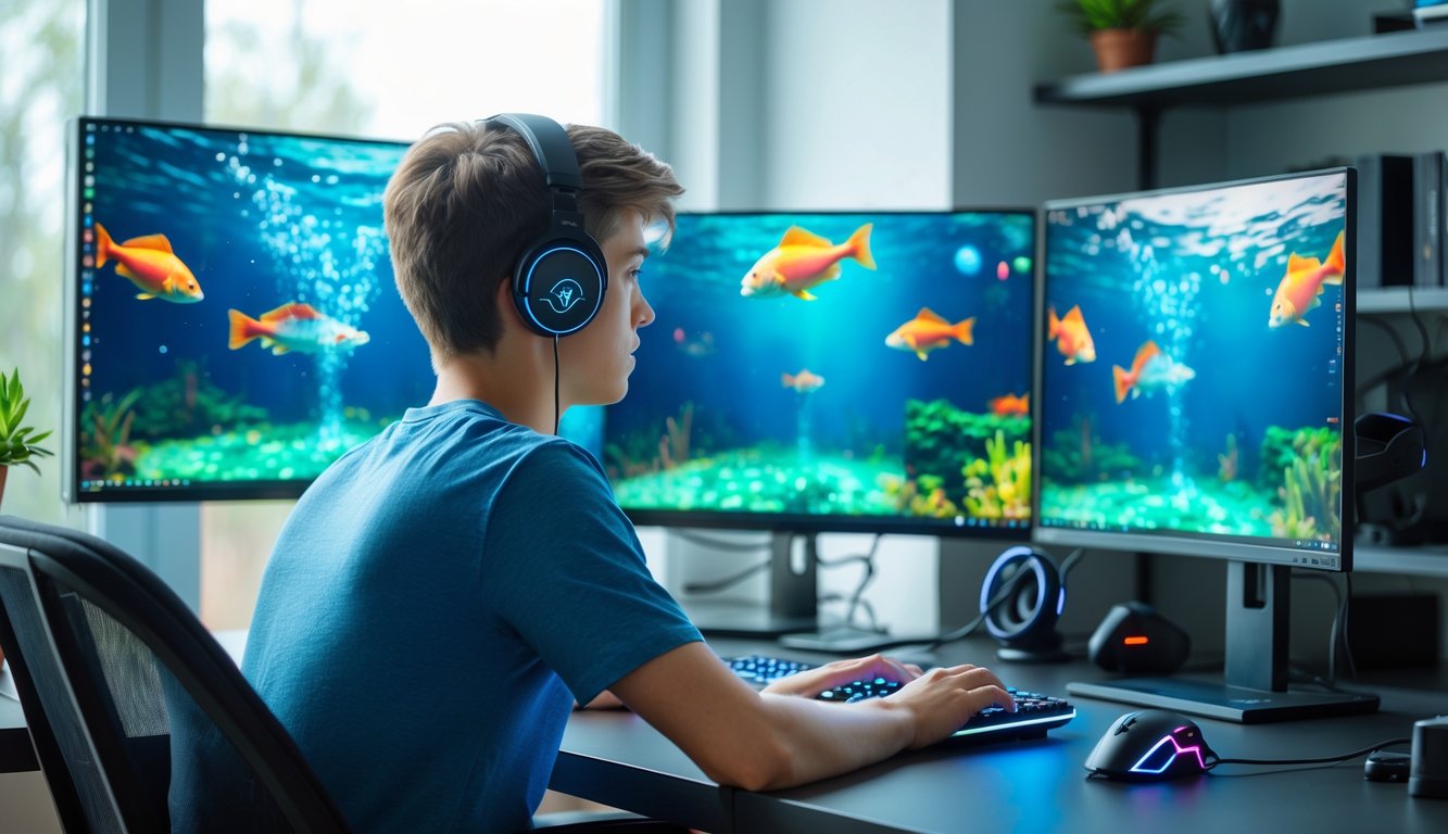 Seorang pria muda duduk di meja kerja dengan beberapa monitor yang menampilkan permainan bertema bawah laut, fokus bermain game online di ruangan yang terang dan rapi.