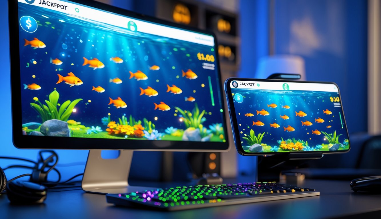 Sebuah meja dengan komputer dan ponsel yang menampilkan permainan tembak ikan dengan ikan mas berwarna-warni dan efek cahaya yang menandakan kemenangan jackpot.