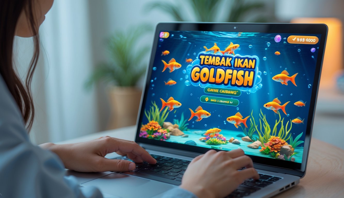 Seseorang sedang bermain game tembak ikan goldfish online di komputer dengan latar belakang ruangan yang nyaman.