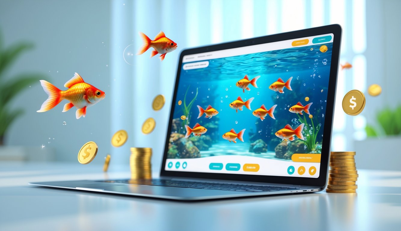 Sebuah laptop menampilkan permainan memancing ikan mas dengan latar bawah air dan koin digital di sekitarnya.