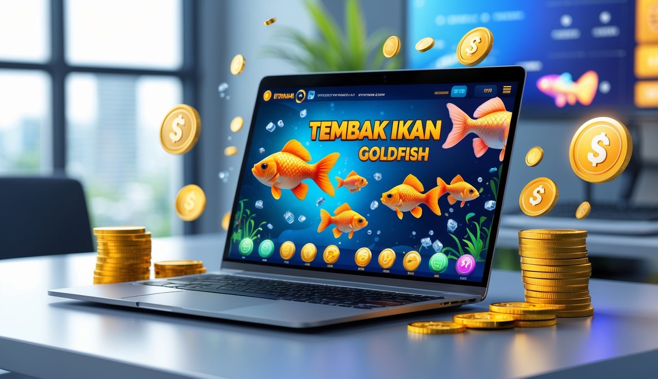 Seorang pengguna komputer di meja kerja dengan layar menampilkan permainan tembak ikan bertema ikan mas dan simbol cashback serta keamanan transaksi.