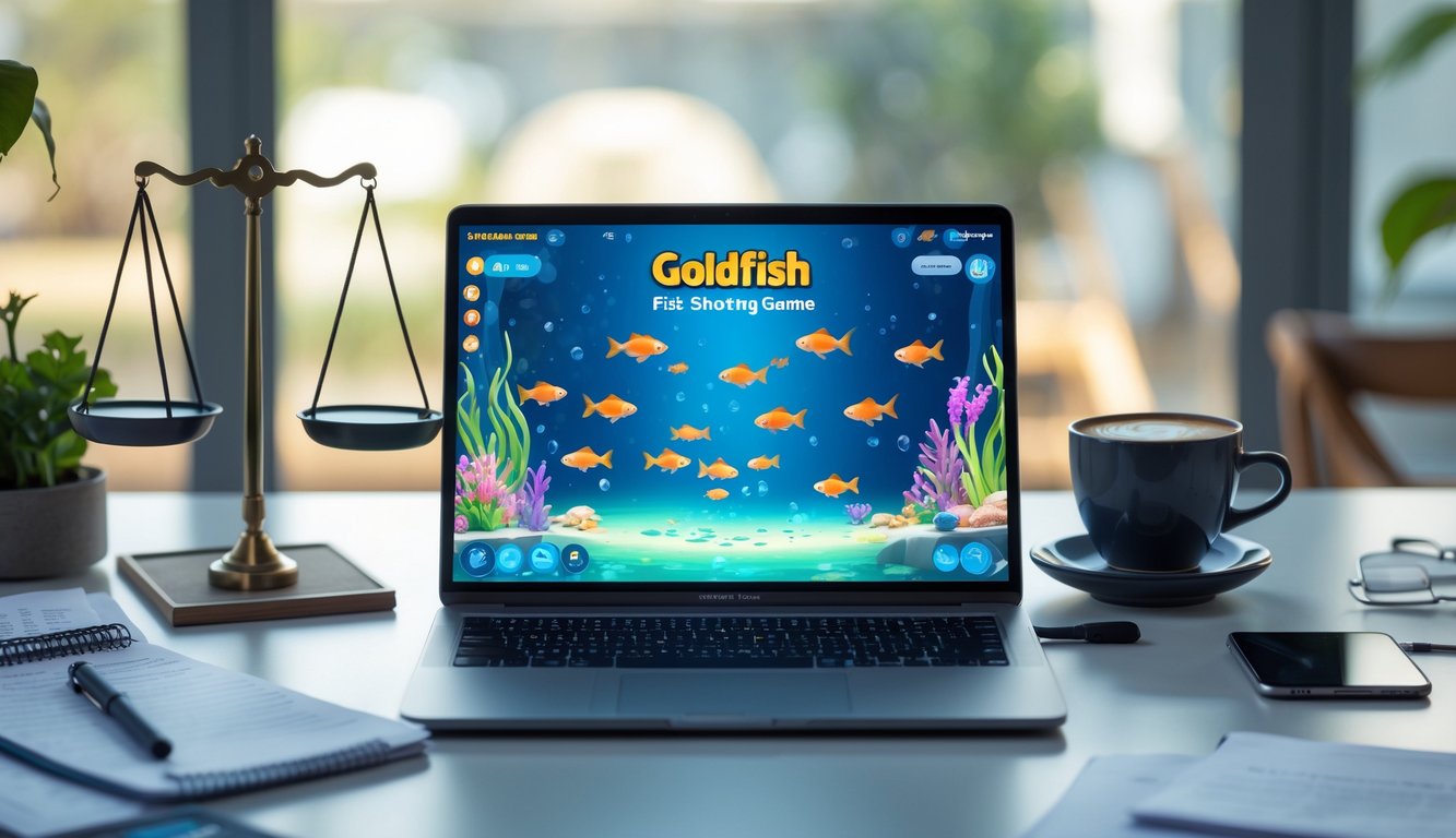 Seorang profesional sedang meninjau permainan ikan tembak Goldfish di depan laptop di meja kerja yang rapi.