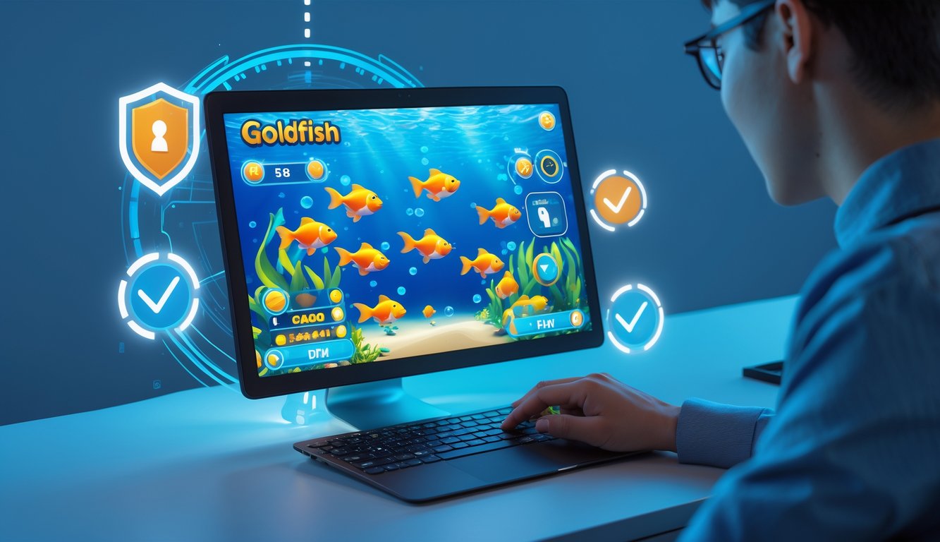 Seseorang sedang bermain game tembak ikan Goldfish di komputer dengan latar belakang grafis ikan berwarna cerah dan simbol keamanan.