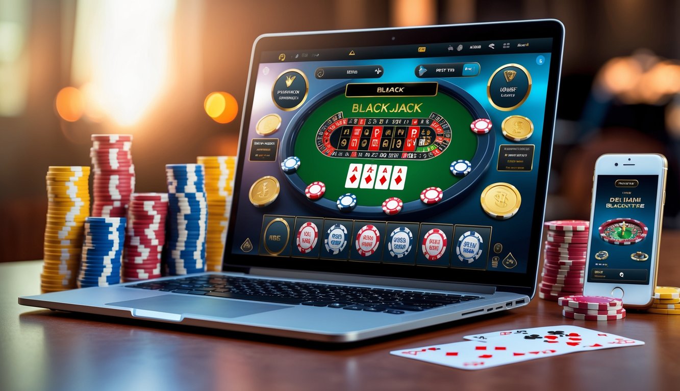 Sebuah laptop menampilkan permainan blackjack online dengan kartu dan chip poker di sekitarnya, di atas meja dengan pencahayaan hangat.