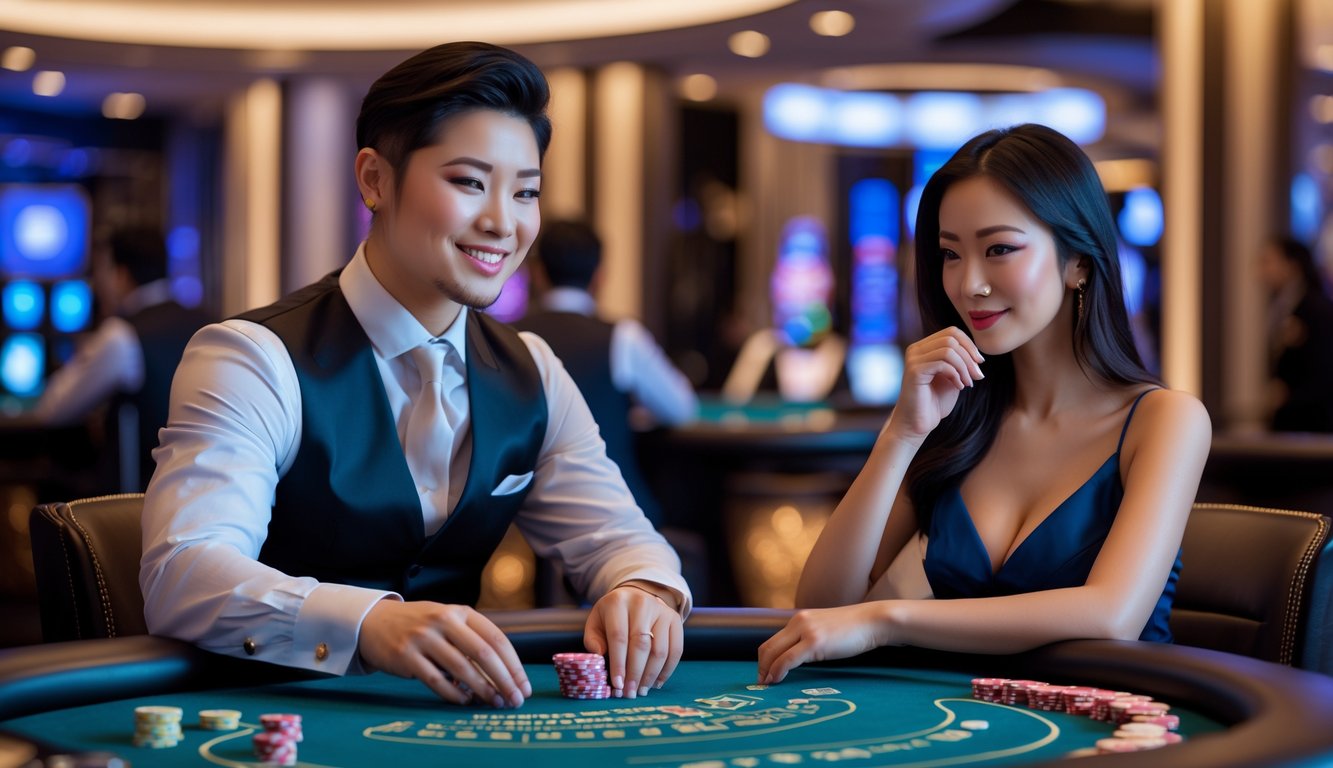 Seorang pria dan wanita duduk di meja blackjack di kasino modern, bermain kartu dengan suasana yang mewah dan ceria.