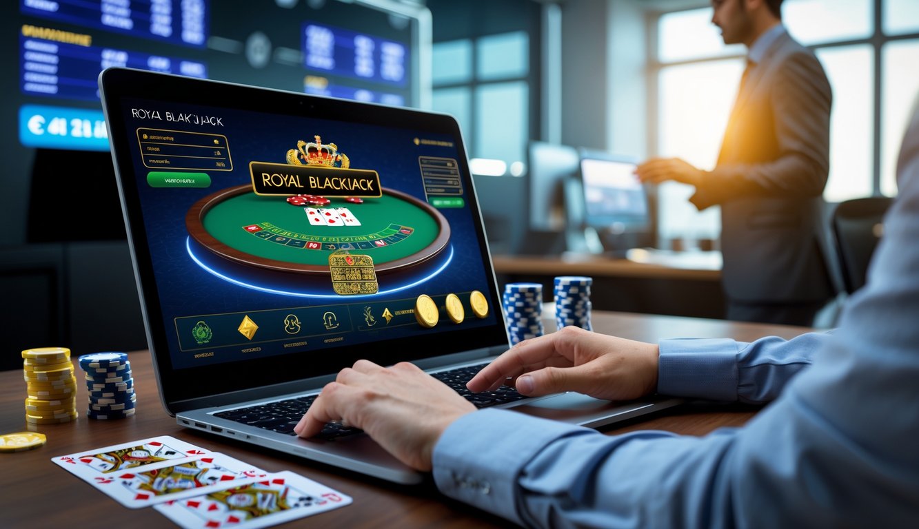 Seseorang menggunakan komputer dengan tampilan meja blackjack digital dan chip, menunjukkan aktivitas permainan blackjack online dalam suasana kerja yang rapi dan terang.