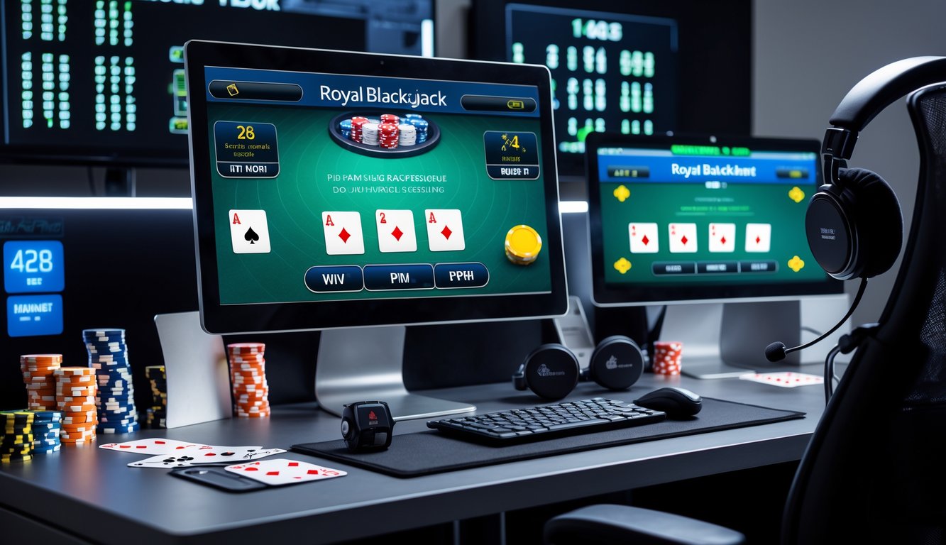 Sebuah meja komputer modern dengan layar menampilkan permainan blackjack online dan perlengkapan judi seperti kartu dan chip.
