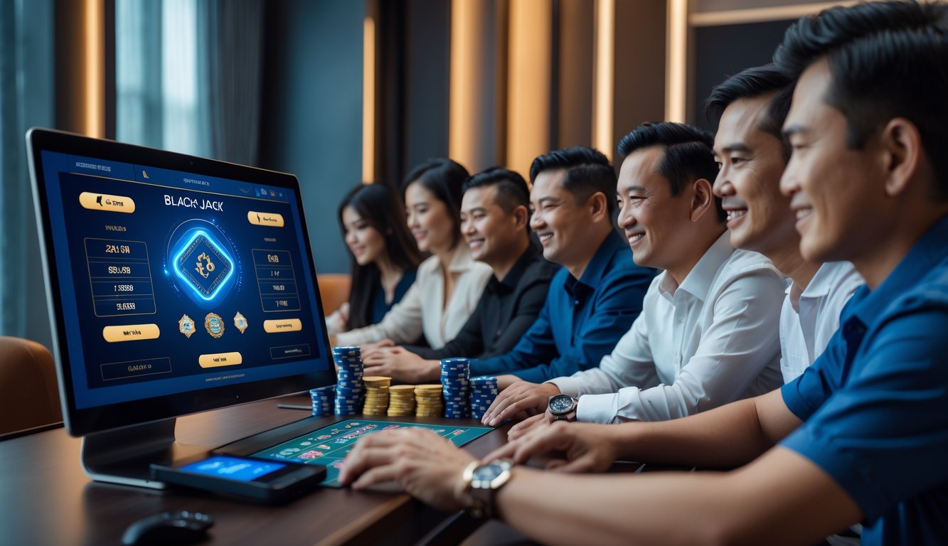 Beberapa pemain dewasa sedang bermain blackjack online di sebuah ruangan modern dengan komputer dan suasana profesional.