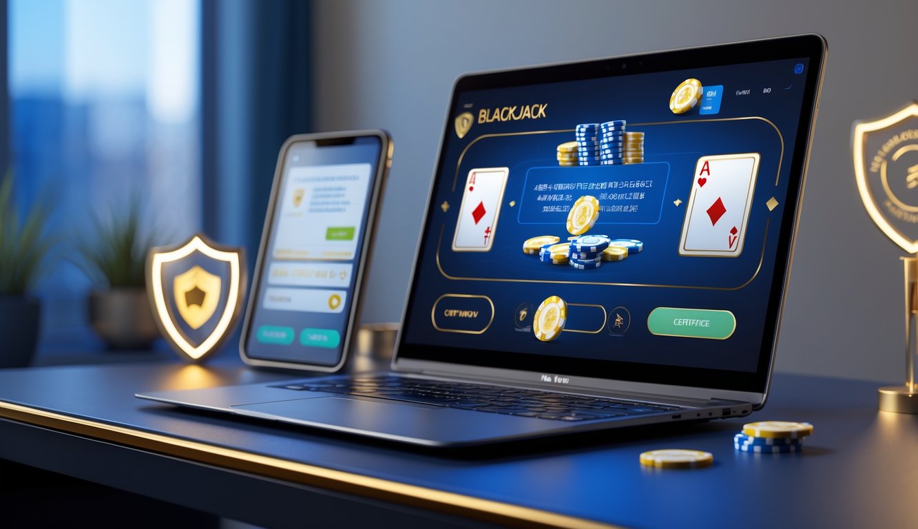 Seorang pengguna bermain blackjack online di komputer dengan suasana yang aman dan terpercaya.