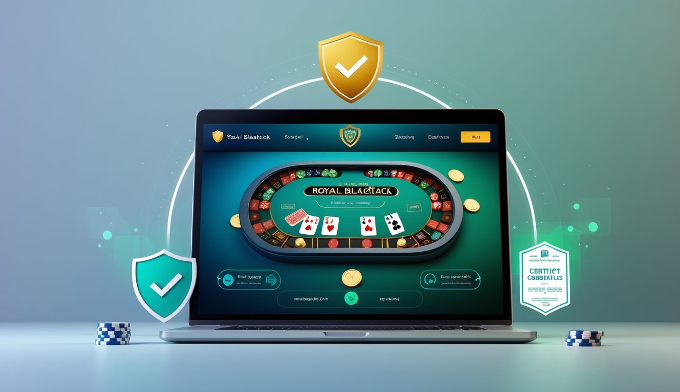 Seorang pengguna sedang bermain blackjack online di komputer dengan simbol keamanan dan lisensi resmi di sekitar layar.