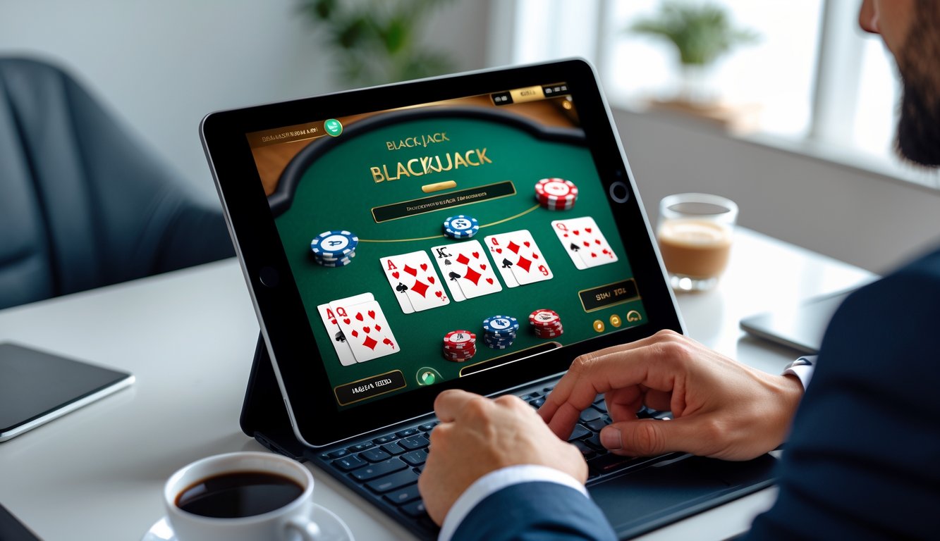 Seseorang sedang bermain blackjack online di perangkat digital dengan suasana nyaman dan profesional.