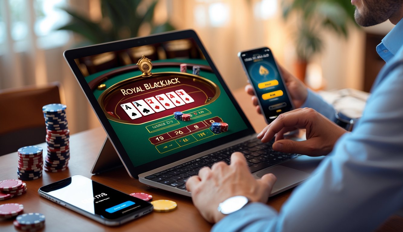 Seorang pemain yang percaya diri menggunakan laptop dengan tampilan meja blackjack digital dan tumpukan chip poker di sekitarnya.