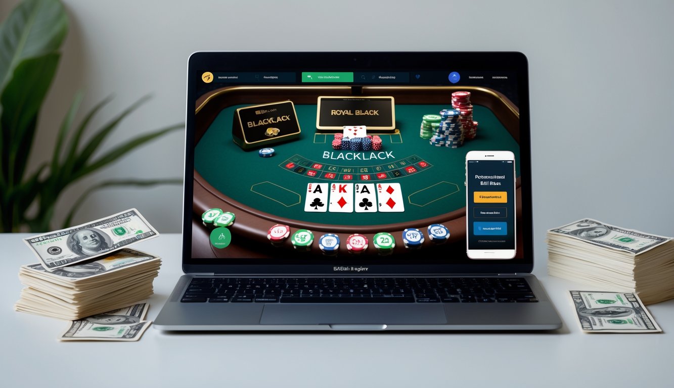 Seorang pengguna sedang bermain blackjack online di laptop dengan smartphone dan kartu bank di sampingnya.