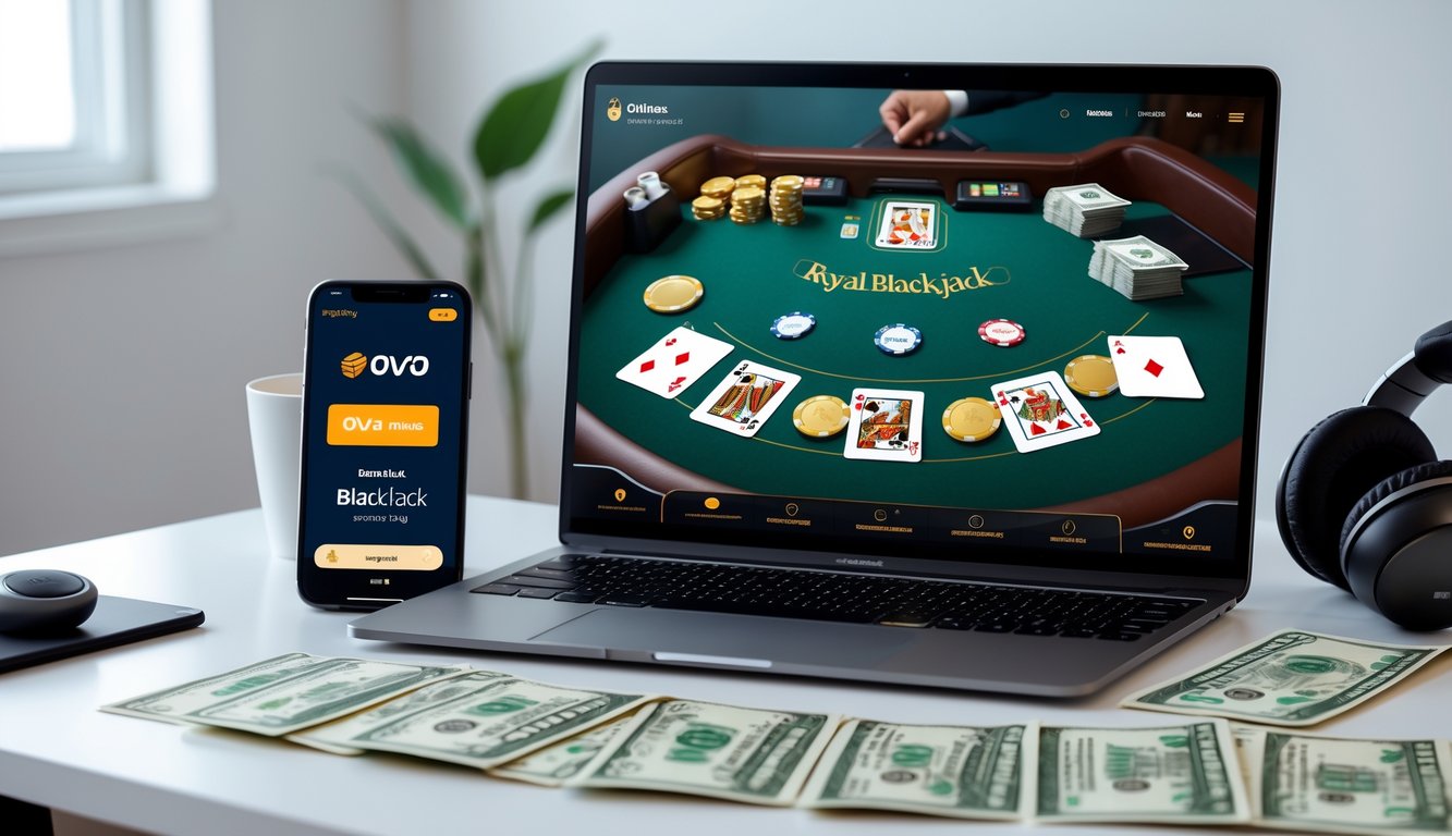 Seorang pengguna sedang bermain blackjack online di komputer dengan ponsel dan kartu bank di meja sebagai metode pembayaran.