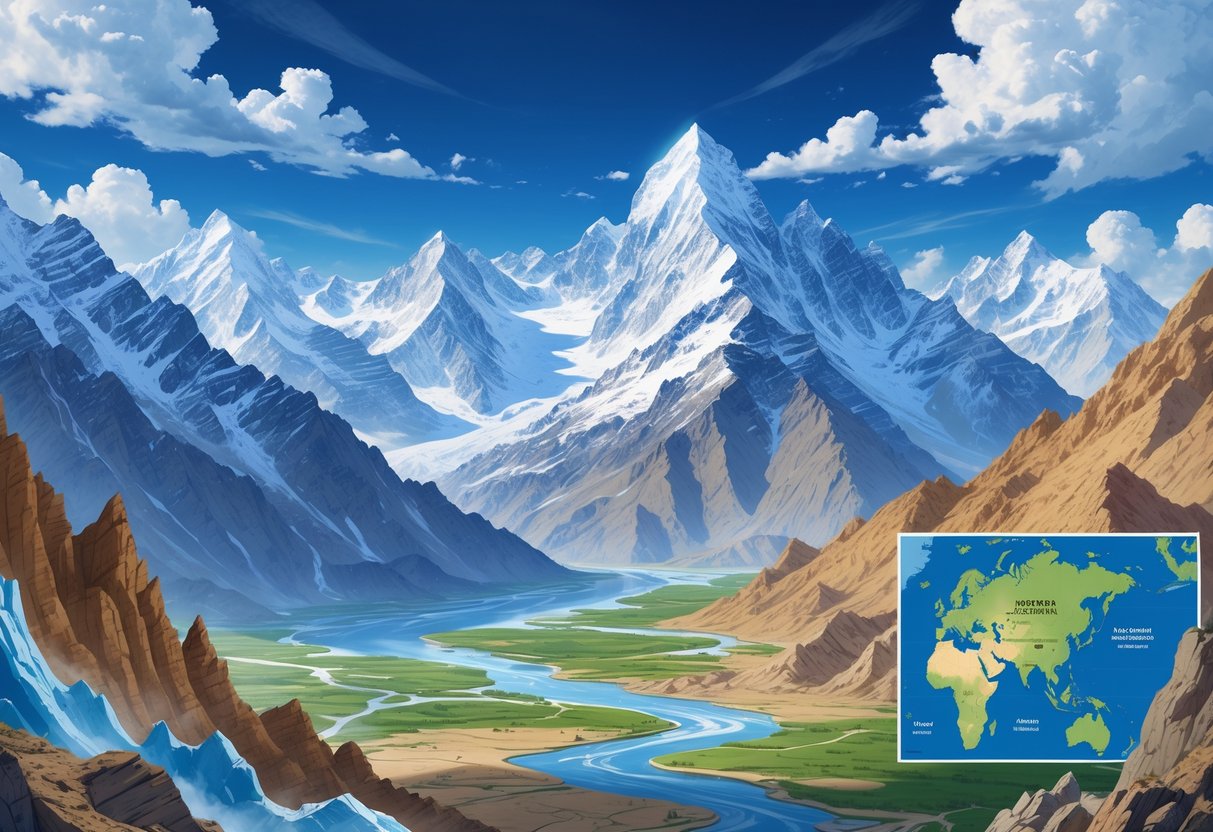 Pemandangan pegunungan Karakoram yang tinggi dengan puncak bersalju, formasi geologi di latar depan, dan peta lokasi pegunungan di Asia.