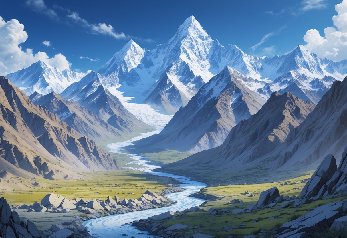 Pemandangan pegunungan Karakoram yang tinggi dengan puncak bersalju, lereng berbatu, sungai yang mengalir dari gletser, dan vegetasi alpine di bagian depan.