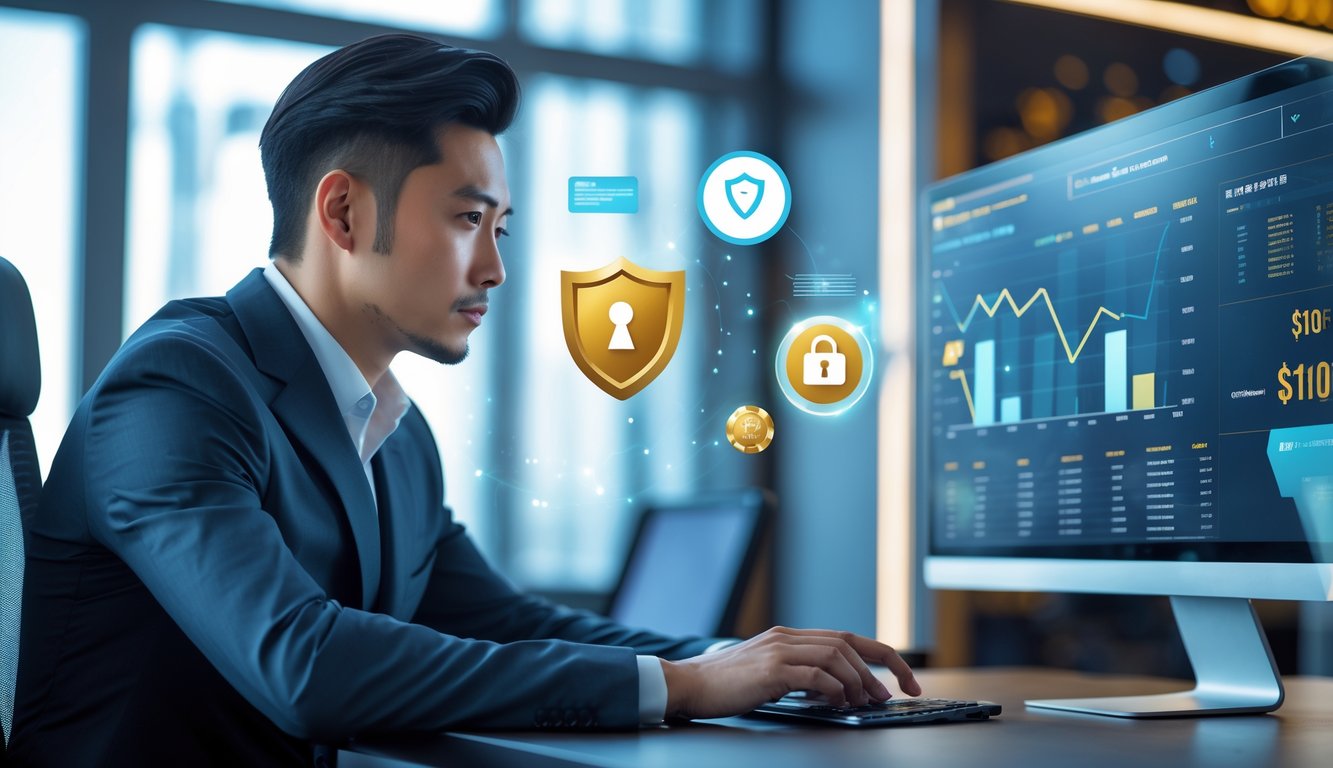 Seorang pria Asia duduk di meja kantor modern sambil melihat layar komputer dengan grafik dan simbol keamanan yang berkaitan dengan permainan blackjack online.