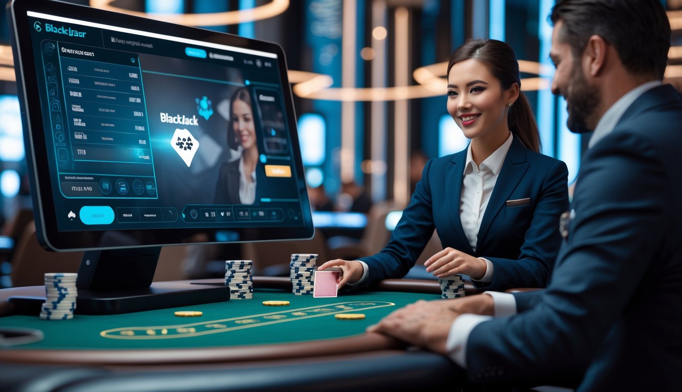 Seorang dealer profesional bermain blackjack online dengan meja kasino modern dan layar digital di latar belakang.
