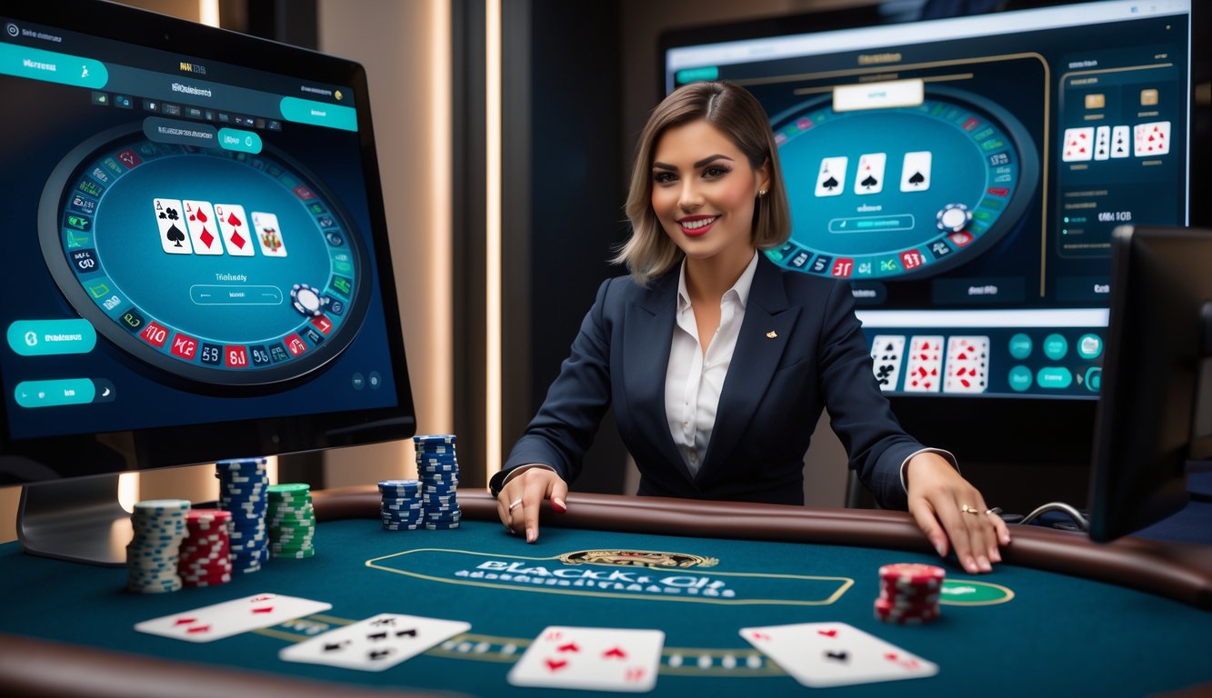 Seorang dealer wanita profesional sedang menjalankan permainan blackjack online dengan latar belakang studio kasino dan elemen permainan seperti kartu dan chip.