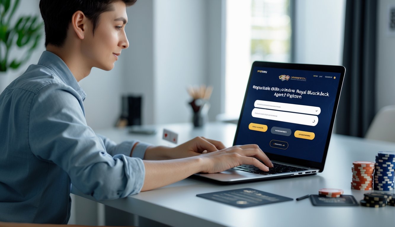 Seseorang sedang mendaftar di agen Royal Blackjack online menggunakan laptop di ruang kerja rumah.