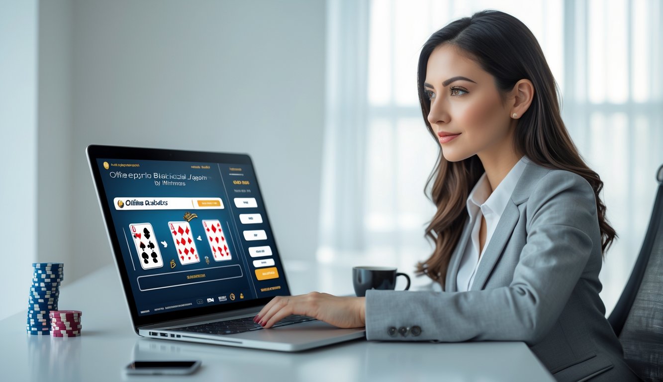 Seorang wanita muda duduk di meja dengan laptop, fokus bermain permainan blackjack online resmi.