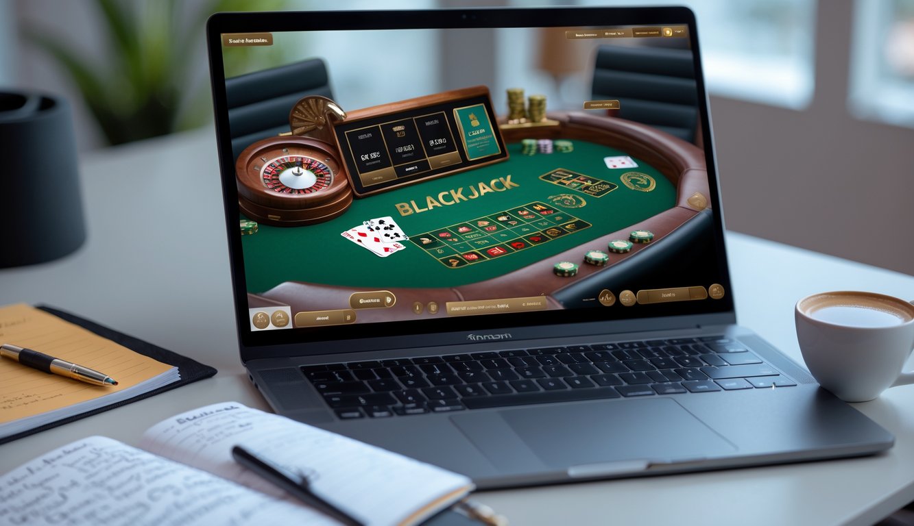 Sebuah meja blackjack online ditampilkan di layar komputer dengan kartu dan chip, dikelilingi oleh buku catatan terbuka dan pena di atas meja.