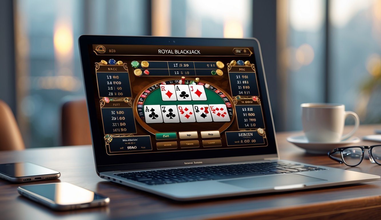 Seorang pemula sedang bermain permainan Royal Blackjack online di depan komputer dengan suasana yang tenang dan fokus.