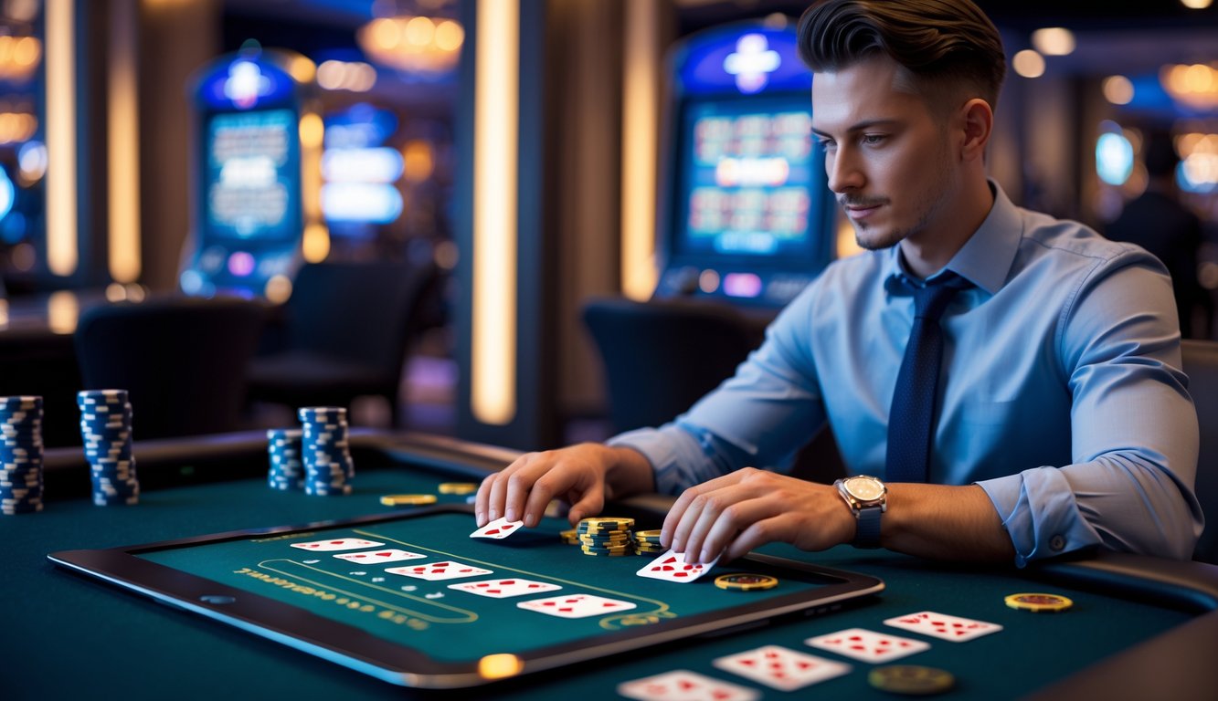 Seorang pemain sedang bermain blackjack online di depan layar perangkat dengan kartu dan chip virtual di meja kasino modern.