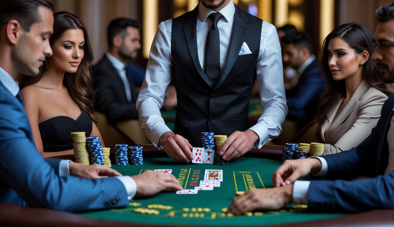 Meja blackjack kasino dengan dealer dan pemain yang sedang bermain dan fokus pada kartu dan taruhan.