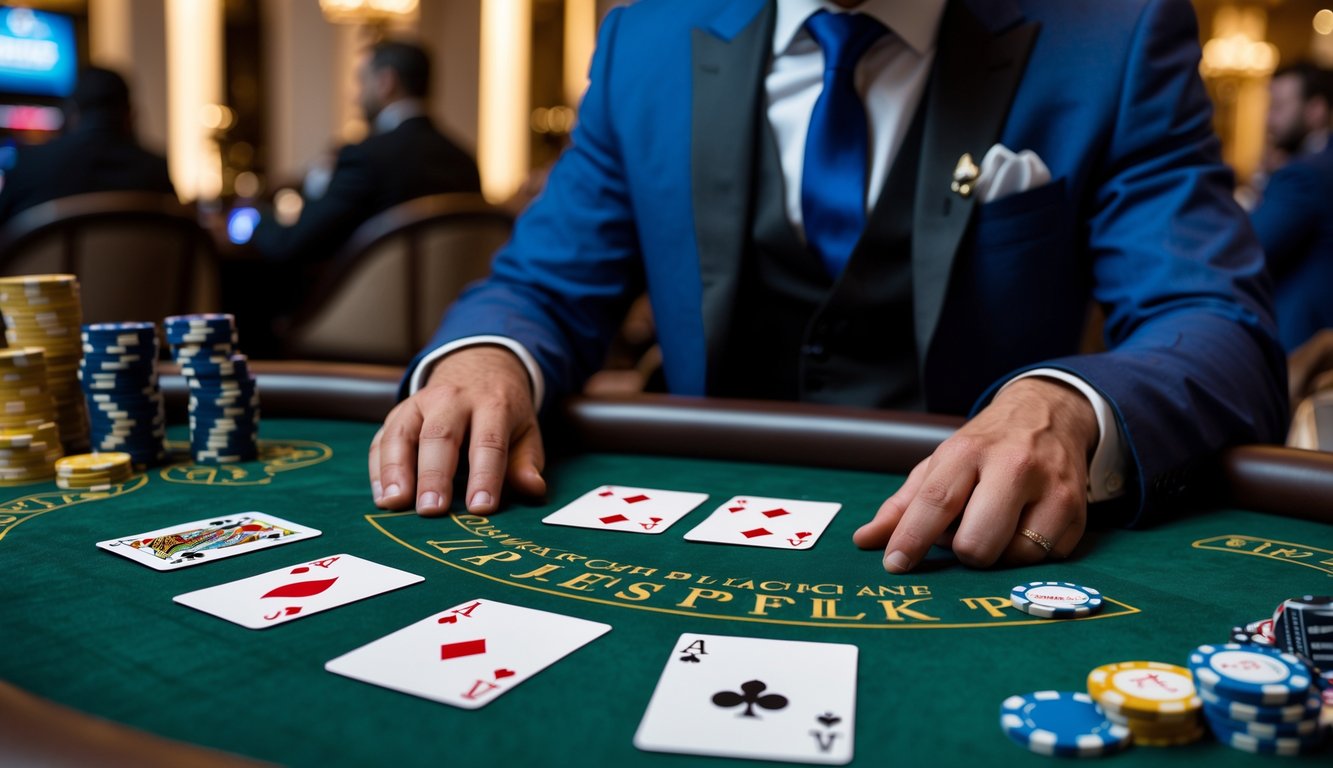 Seorang pemain berjudi di meja blackjack dengan kartu dan chip poker di kasino mewah.